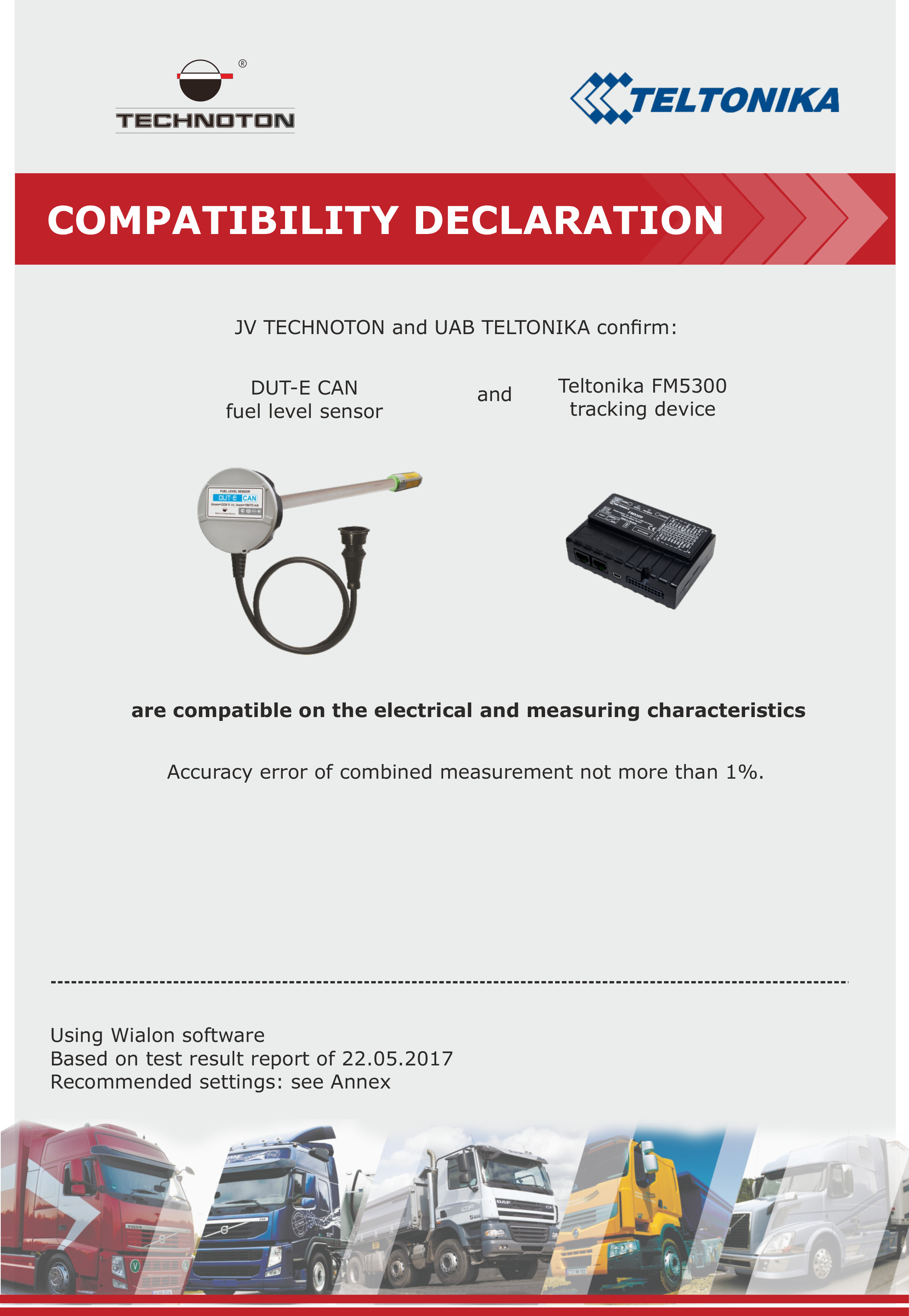 DUT-E CAN fuel levele sensor Compatibility Declaration with Teltonika FM 5300 unit DUT-E CAN fuel sensor compatibility with Teltonika
