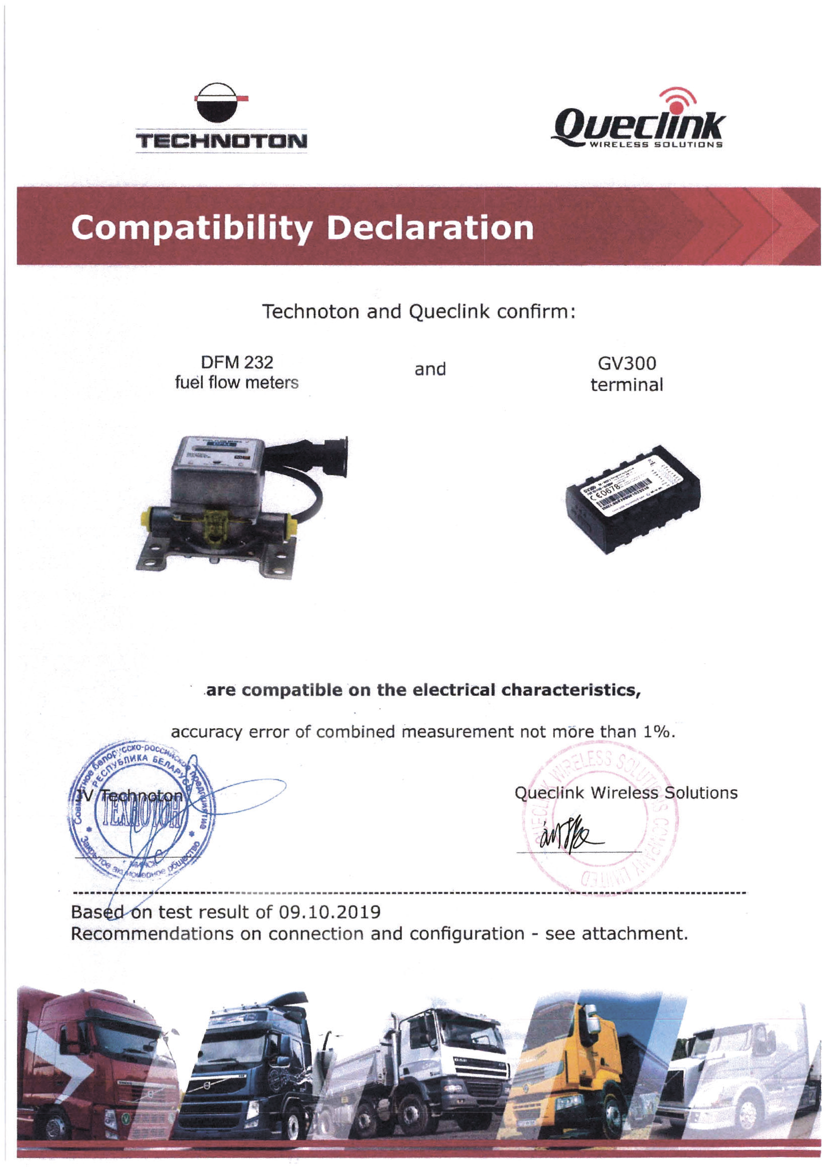 Compatibility Declaration of Technoton DFM 232 and Queclink GV300 tracker Compatibility Declaration of Technoton DFM 232 and Queclink GV300 tracker
