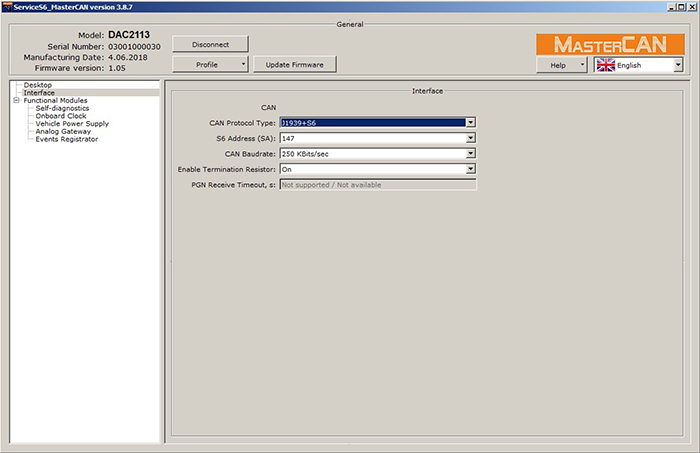 CAN to analog converter MasterCAN DAC settings