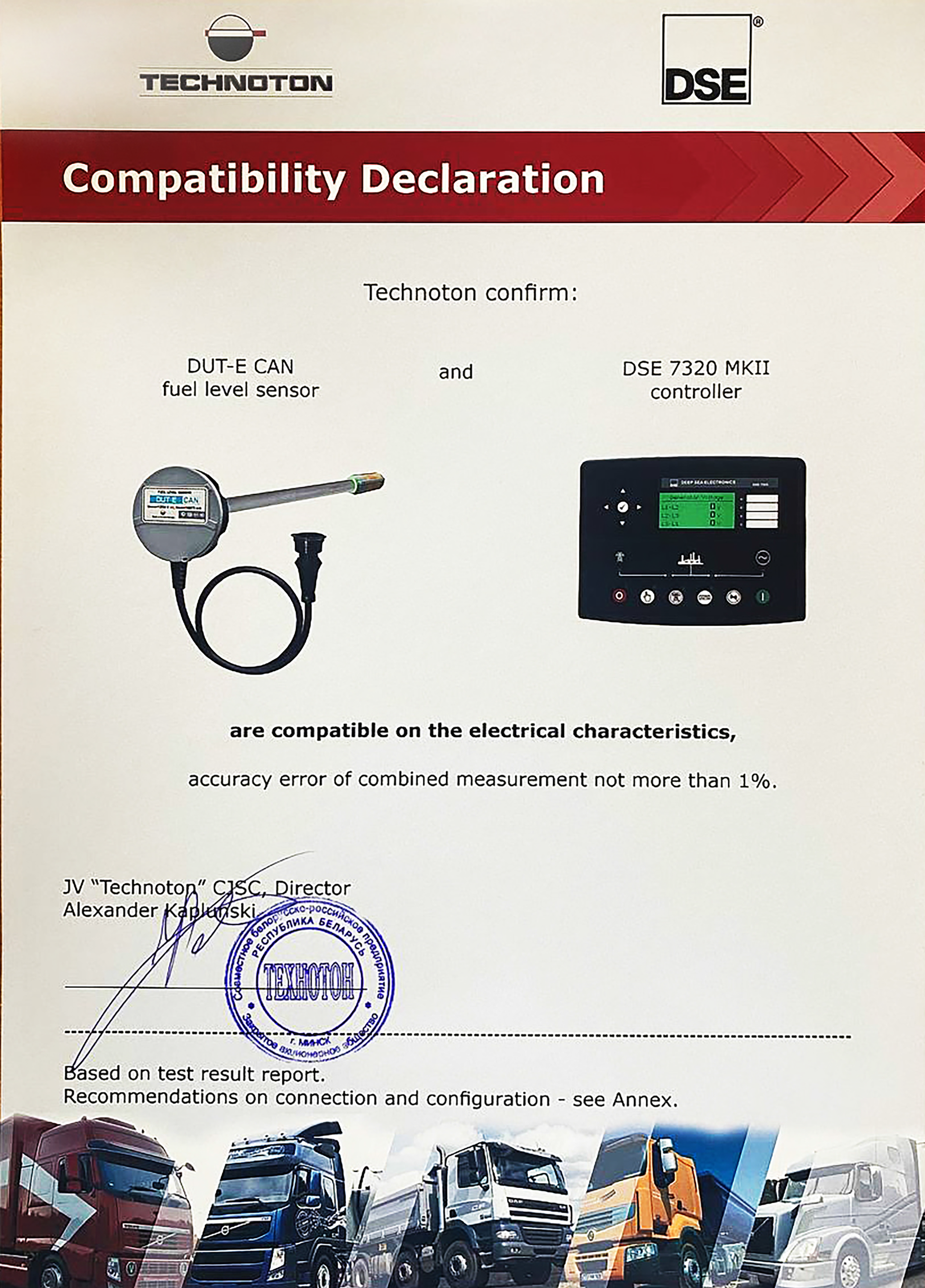 Technoton DUT-E CAN and DEEP SEA DSE 7320 MKII Declaration