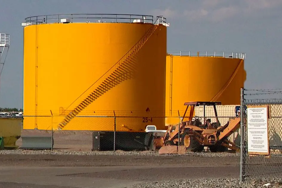 Bulk storage tanks located on the plant’s premises Large stationary vertical tanks located on the plant’s premises